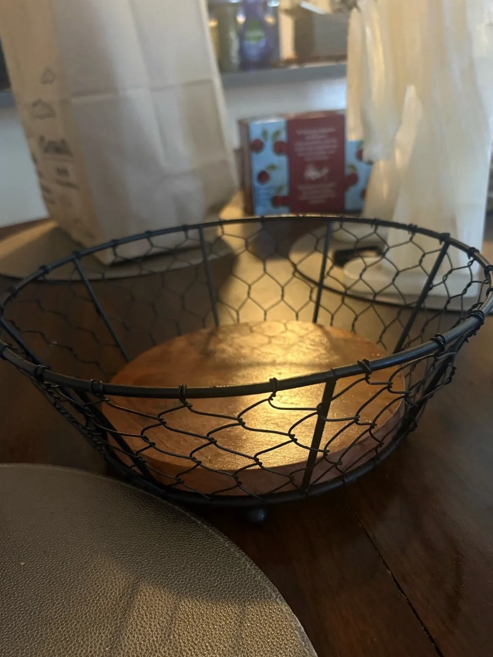Decorative Black Wire and Brown Wood Accent Fruit Bowl